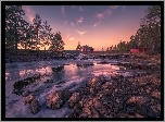 Norwegia, Ringerike, Zachód słońca, Domki, Jezioro, Drzewa, Kamienie