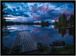 Norwegia, Ringerike, Jezioro, Pomost, Zachmurzone, Niebo, Drzewa