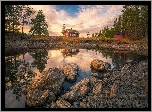Norwegia, Ringerike, Jezioro Vaeleren, Drzewa, Kamienie, Domy, Odbicie