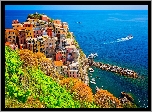 Włochy, Gmina Riomaggiore, Manarola, Wybrzeże, Morze Liguryjskie, Kolorowe, Domy, Drzewa, Statki