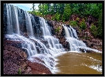 Stany Zjednoczone, Minnesota, Wodospady, Waterfalls Middle Falls, Rzeka, Gooseberry River, Skały, Drzewa