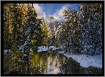 Park Narodowy Yosemite, Rzeka, Merced River, Góry, Drzewa, Śnieg, Kalifornia, Stany Zjednoczone