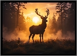 Przyroda, Natura, Las, Drzewa, Zwierzę, Dzikie, Leśne, Sarna, Rogi, Polana, Mgła, Niebo, Zachód, Słońca