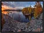 Jezioro Ładoga, Drzewa, Las, Zachód słońca, Chmury, Karelia, Rosja