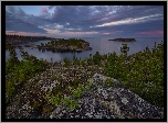 Jezioro Ładoga, Drzewa, Skały, Wysepki, Wschód słońca, Karelia, Rosja