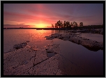 Jezioro Onega, Kamienie, Skały, Drzewa, Zachód słońca, Karelia, Rosja