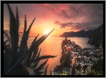 Włochy, Cinque Terre, Vernazza, Morze, Góry, Zachód słońca, Rośliny