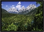 Niemcy,  Góry, Alpy bawarskie, Wettersteingebirge, Szczyt, Zugspitze,  Lasy, Rzeka