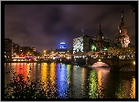 Rzeka, Most, Wieża, Berlin, Nocą