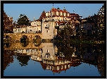 Rzeka Tamega, Most, Trajano Bridge, Domy, Drzewa, Odbicie, Chaves, Portugalia