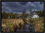 Cerkiew, Rzeka, Chmury, Łąka, Drzewa
