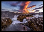 Rzeka, Wodospad Godafoss, Skały, Chmury, Islandia