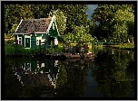 Rzeka, Most, Łódka, Domek, Las