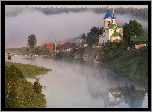 Rzeka, Mgła, Cerkiew, Drzewa, Domy