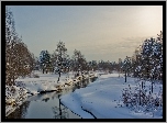 Rzeka, Śnieg, Drzewa, Zima