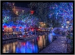 Rzeka, Restauracje, Drzewa, Noc