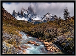 Góry Andy, Szczyt Fitz Roy, Rzeka, Kamienie, Drzewa, Roślinność, Chmury, Patagonia, Argentyna