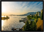 Zachód słońca, Rzeka Fraser, Góry, Domy, Vancouver, Prowincja Kolumbia Brytyjska, Kanada