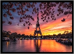 Rzeka, Sekwana, Wieża Eiffla, Zachód słońca, Paryż, Francja, Grafika AI