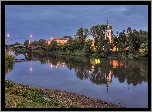 Rzeka Wołogda, Most, Latarnie, Poranek, Drzewa, Cerkiew Objawienia Pańskiego, Wołogda, Obwód wołogodzki, Rosja