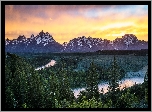 Stany Zjednoczone, Wyoming, Park Narodowy Grand Teton, Góry, Rzeka, Snake River, Zachód słońca, Drzewa