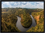Rzeka, Zakole, Góry, Las, Niebo, Chmury