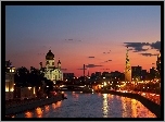 Rzeka, Zachód, Słońca, Oświetlone, Miasto