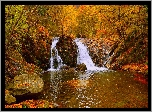 Rzeka, Wodospad, Drzewa, Skały, Jesień