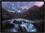 Argentyna, Patagonia, Góry, Kordyliery, Fitz Roy, Rzeka, Skały, Jesień, Drzewa, Chmury