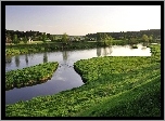 Rzeka, Pola, Trawa, Zabudowania