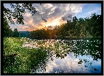 Rzeka, Drzewa, Trawy, Wschód słońca