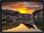 Tajlandia, Kanion Sam Phan Bok, Rzeka Mekong, Skały, Łódka, Zachód słońca
