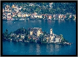 Domy, Jezioro, Lago Orta, Bazylika San Giulio, Wyspa San Giulio, Piemont, Włochy