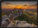 Park Narodowy Saskiej Szwajcarii, Skały Schrammsteine, Góry Połabskie, Niemcy, Zachód słońca