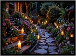 Ogród, Kwiaty, Świece, Ścieżka