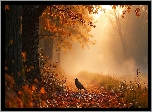 Jesień, Park, Wrona, Ścieżka, Drzewa, Liście, Mgła