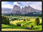 Góry Sassolungo, Dolomity, Płaskowyż Seiser Alm, Dolina Val Gardena, Włochy, Drzewa, Domy, Łąki, Chmury