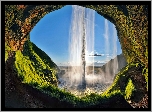 Wodospad, Seljalandsfoss, Skały, Jaskinia, Mchy, Światło, Cień