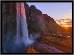 Góry, Skały, Wodospad Seljalandsfoss, Zachód słońca, Islandia