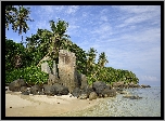 Seszele, Plaża Anse Source D Argent, Wyspa La Digue, Morze, Skały, Głazy, Palmy, Roślinność, Chmury