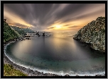 Morze, Zatoka, Zachód słońca, Skały, Wybrzeże, Plaża, Playa del Silencio, Asturia, Hiszpania