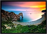 Anglia, Wybrzeże Jurajskie, Morze, Zachód słońca, Durdle Door, Plaża, Skały