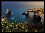 Morze, Zachód słońca, Skały, Łuk, Most skalny, Rośliny, Ajia Napa, Cypr