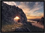 Zachód słońca, Skała, Łuk skalny, Rzeka, Taras widokowy, Ojo De La Heredad, Grenada, Hiszpania