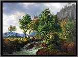 Malarstwo, Frederik Christian Kiaerskou, Góry, Rzeka, Drzewa, Skały