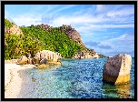 Skały, Głazy, Palmy, Roślinność, Morze, Chmury, Wyspa La Digue, Seszele