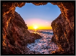 Morze, Skały, Jaskinia, Zachód Słońca, Malibu, Kalifornia