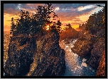 Zachód słońca, Morze, Wysepki, Wysokie, Skały, Drzewa, Park stanowy, Samuel H Boardman State Scenic Corridor, Oregon, Stany Zjednoczone