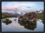 Góry, Alpy, Szczyt Matterhorn Jezioro Stellisee, Skały, Odbicie, Miejscowość, Zermatt, Szwajcaria