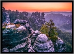 Park Narodowy Saskiej Szwajcarii, Skały, Formacja Bastei, Góry Połabskie, Lasy, Zachód słońca, Sosna, Niemcy